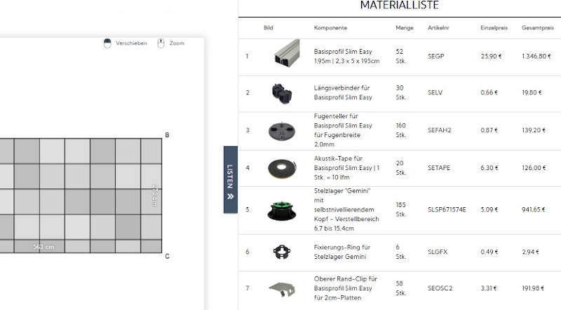 Stelzlager Schienensystem mit dem Konfigurator geplant - Anzeige der Materialliste