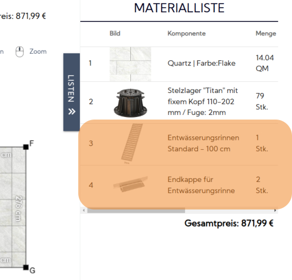 Die Anzeige der Ergebnisse der Planung in der Materialliste