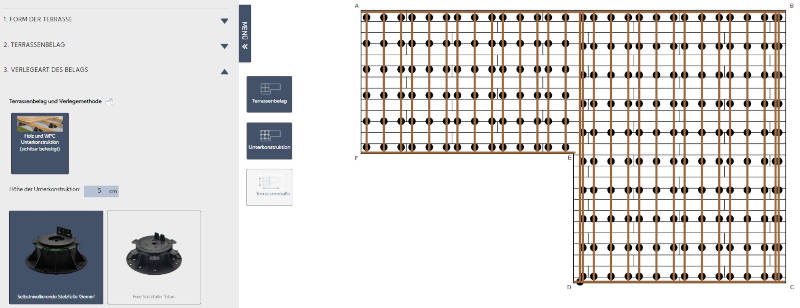 Stelzlager Holzterrasse selbstnivellierend _ Auswahl Verlegeart im Konfigurator
