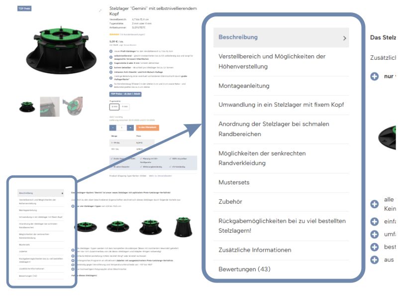 Stelzlager Terrassenplatten - wichtige Zusatzinfos für die einzelnen Artikel